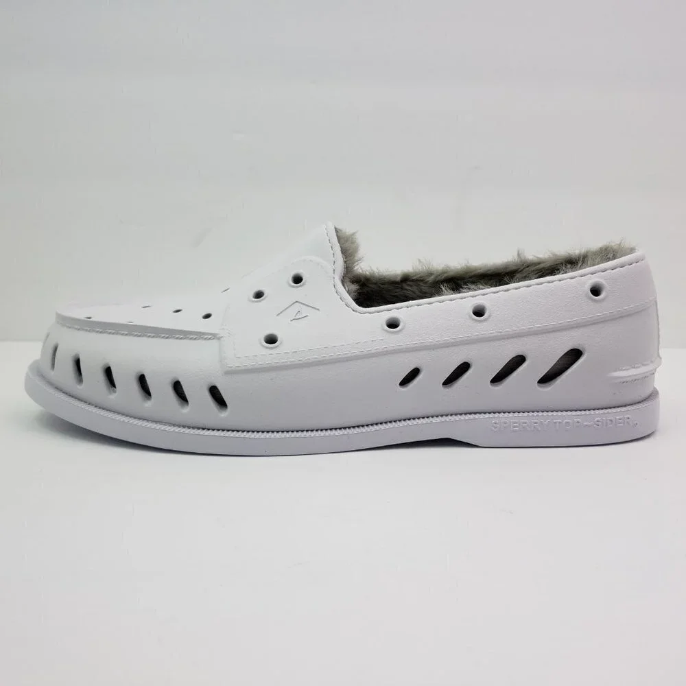NEW Sperry A/O Float Cozy Mens Size 10 White Slip On Faux Fur Inside Boat Shoes